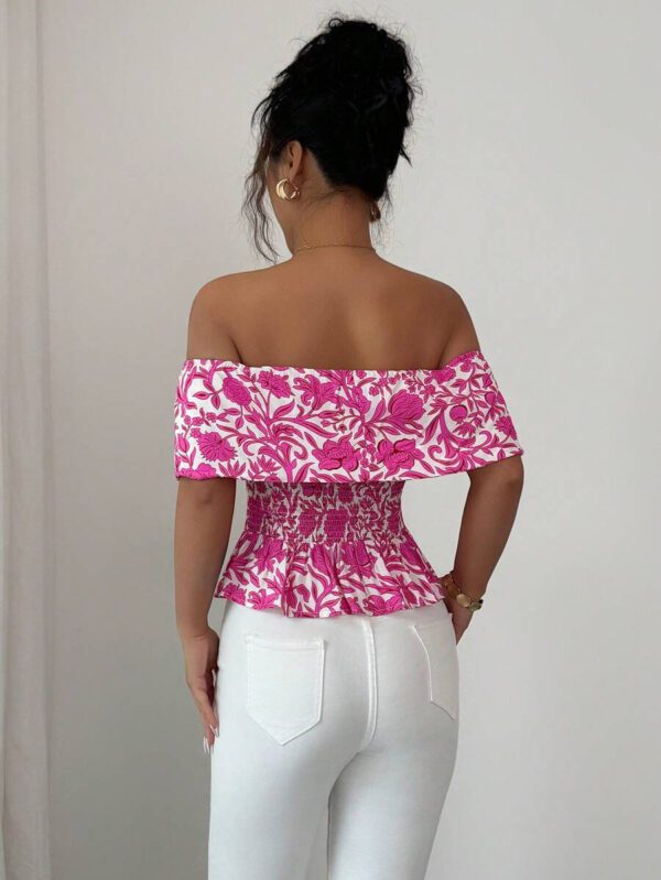 Elenzga Blouse élégante à épaules dénudées, taille froncée, imprimé floral pour femmes, idéal pour les vacances – Image 3
