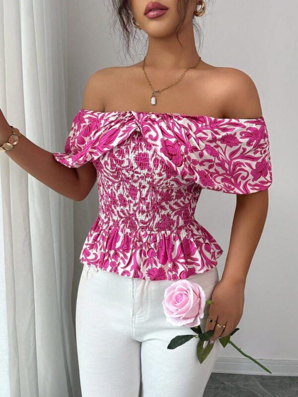 Elenzga Blouse élégante à épaules dénudées, taille froncée, imprimé floral pour femmes, idéal pour les vacances – Image 7