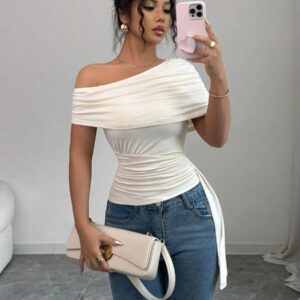 Elenzga T-shirt élégant slim asymétrique à volants de couleur unie pour femme, été