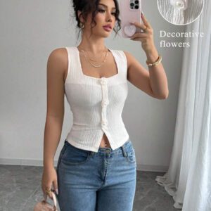 Elenzga Débardeur court à motif floral 3D à la mode pour femme, camisole courte ajustée à bretelles larges et col carré