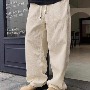 Manfinity Hypemode Pantalon ample en velours côtelé avec poches pour hommes, pantalon casual à cordon de serrage à la taille et jambes larges