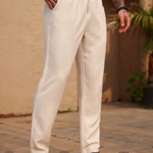 Manfinity RSRT Pantalon décontracté pour hommes, couleur unie, cordon de serrage à la taille, poches inclinées. Pantalon blanc pour hommes. Pantalon décontracté pour hommes