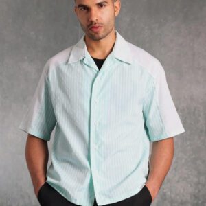 SUMWON Chemise à manches courtes premium à boutons, coupe ample, motif rayé menthe, streetwear, décontracté, bureau, respirante, légère