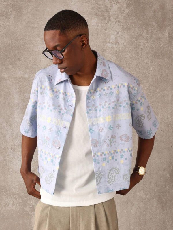 SUMWON Chemise décontractée à manches courtes avec motif cachemire vintage pour le printemps et l'été. Portée de manière décontractée pour les vacances, les festivals, les fêtes et le style de rue. – Image 6