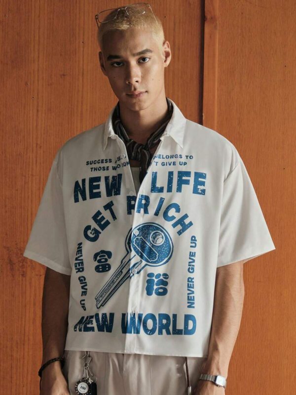 SWAVVY Chemise décontractée ample à imprimé lettres à simple boutonnage et manches courtes pour hommes – Image 2