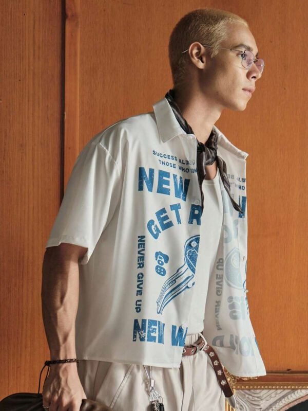 SWAVVY Chemise décontractée ample à imprimé lettres à simple boutonnage et manches courtes pour hommes – Image 5