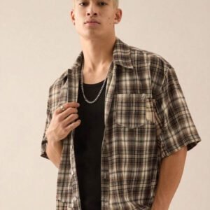 SWAVVY Chemise décontractée à manches dolman ample, en patchwork asymétrique à carreaux, taille standard pour hommes
