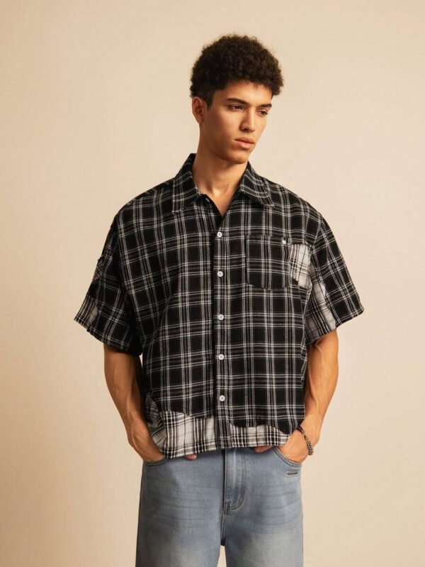 SWAVVY Chemise décontractée à manches dolman ample, en patchwork asymétrique à carreaux, taille standard pour hommes – Image 7