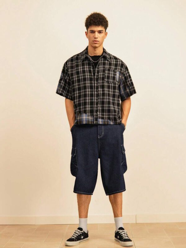SWAVVY Chemise décontractée à manches dolman ample, en patchwork asymétrique à carreaux, taille standard pour hommes – Image 18
