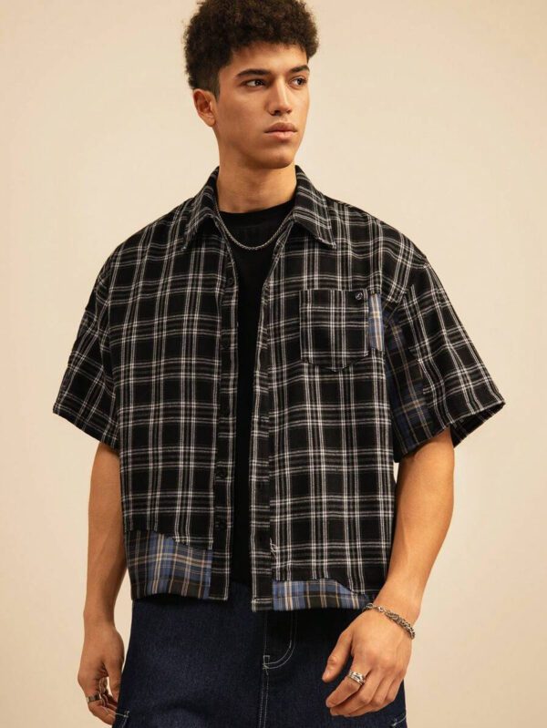 SWAVVY Chemise décontractée à manches dolman ample, en patchwork asymétrique à carreaux, taille standard pour hommes – Image 20