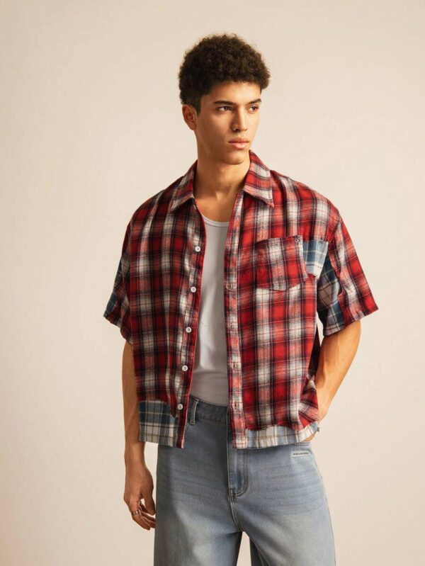 SWAVVY Chemise décontractée à manches dolman ample, en patchwork asymétrique à carreaux, taille standard pour hommes – Image 24