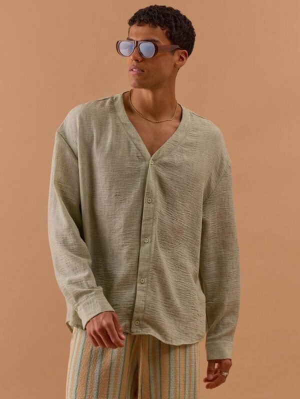Musero Chemise ample sans col en lin à encolure en V, printemps, été, vacances – Image 2