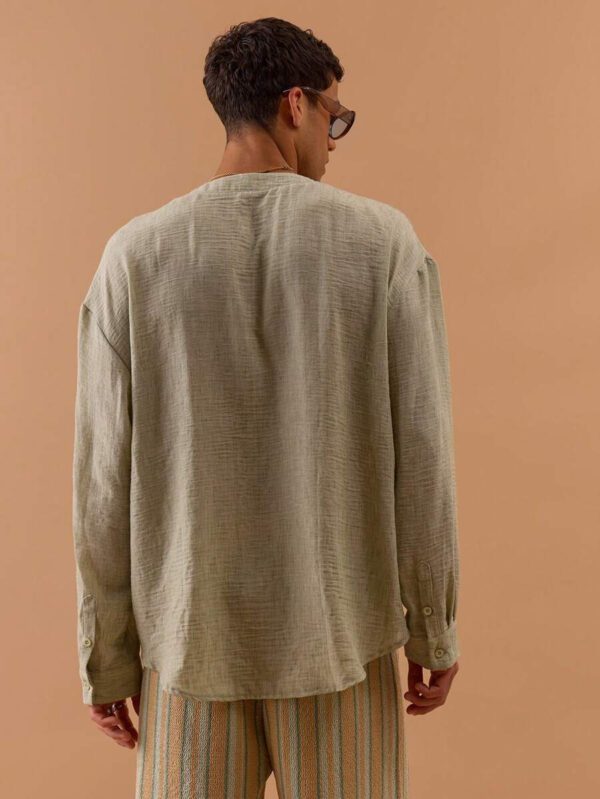Musero Chemise ample sans col en lin à encolure en V, printemps, été, vacances – Image 5