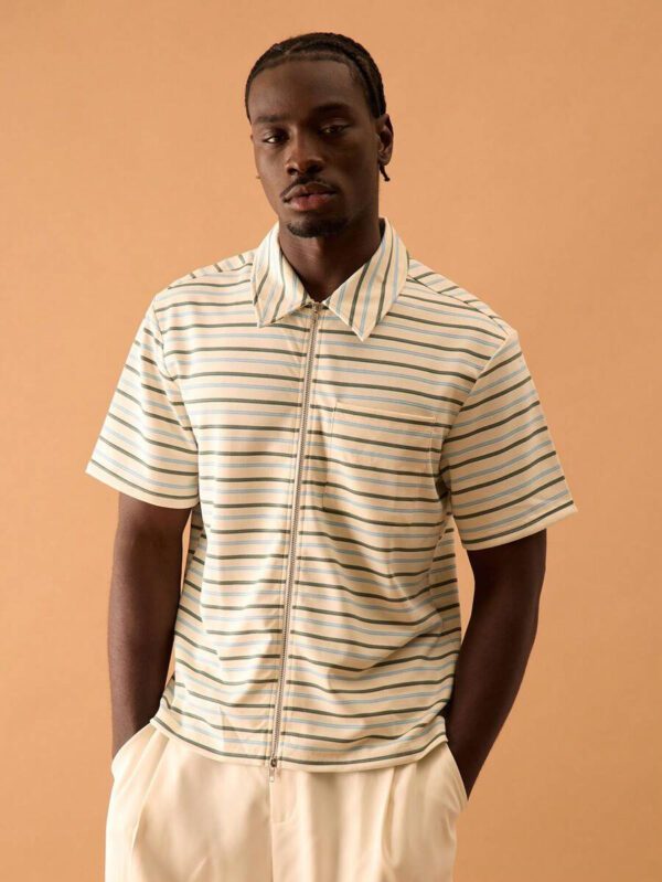 Musero Chemise à manches courtes zippée oversize à rayures pour hommes, printemps, été, vacances – Image 2