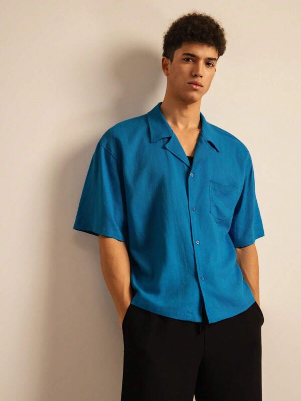 SWAVVY Chemise de vacances casual en lin ample et élégante pour homme de taille standard avec col guayabera, bleue – Image 2