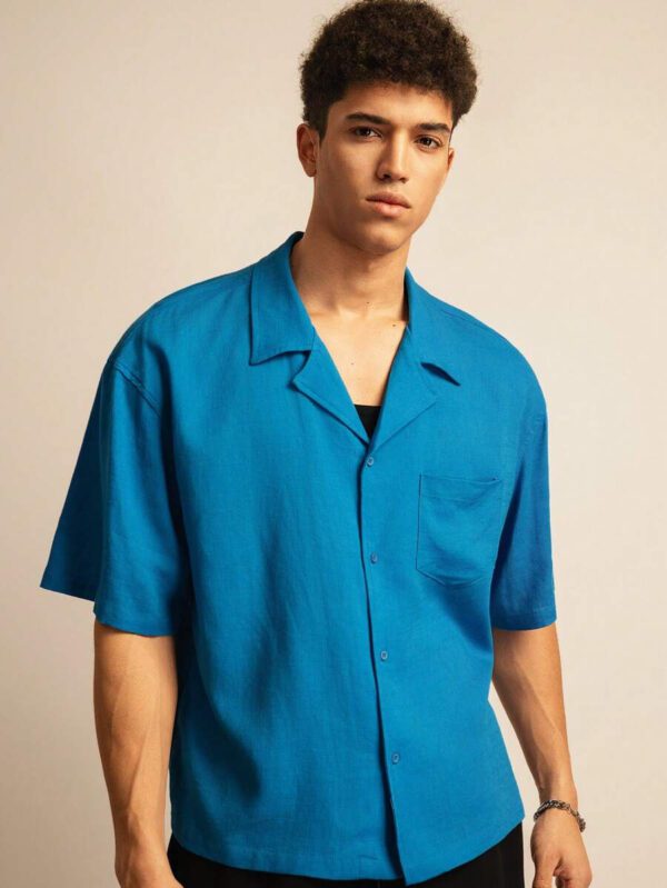 SWAVVY Chemise de vacances casual en lin ample et élégante pour homme de taille standard avec col guayabera, bleue – Image 4