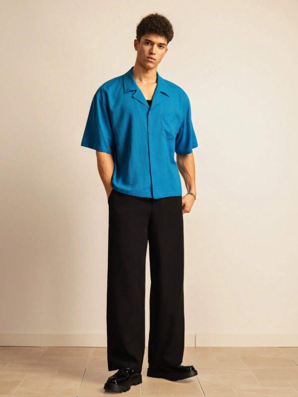 SWAVVY Chemise de vacances casual en lin ample et élégante pour homme de taille standard avec col guayabera, bleue – Image 5