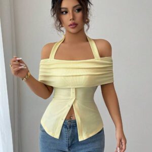 Calvaya Chemise ajustée élégante femme à manches courtes avec décolleté épaules dénudées et décoration de boutons, pour le trajet quotidien
