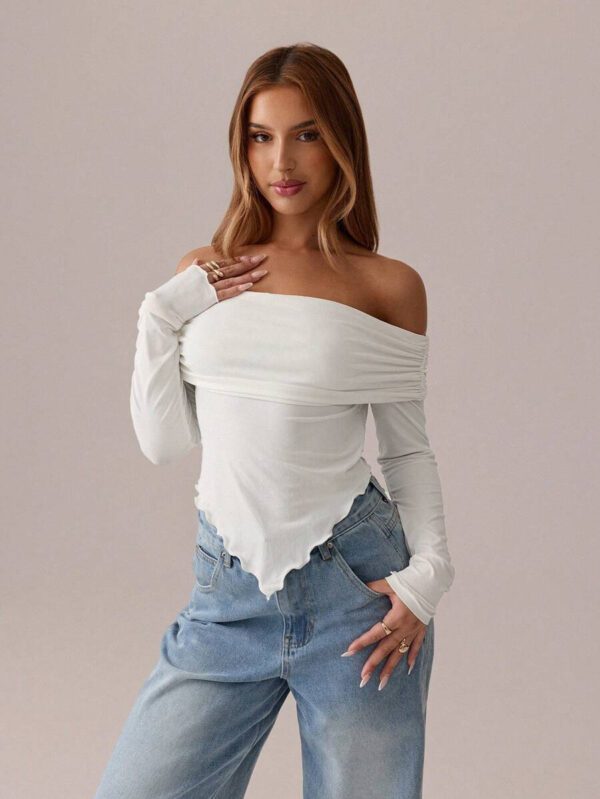 SHEIN SXY Top blanc T-shirt à manches longues en tricot asymétrique plissé blanc unicolore, automne/printemps T-shirt moulant tricoté pour femmes avec épaules dénudées Convient pour les sorties et la vie quotidienne – Image 8