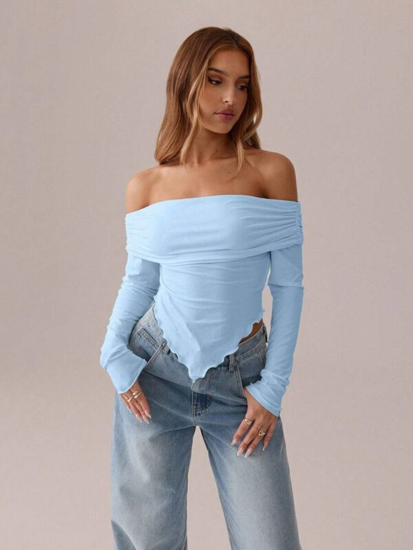 SHEIN SXY Top blanc T-shirt à manches longues en tricot asymétrique plissé blanc unicolore, automne/printemps T-shirt moulant tricoté pour femmes avec épaules dénudées Convient pour les sorties et la vie quotidienne – Image 12