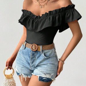 SHEIN PETITE T-shirt décontracté à encolure en V profond et aux épaules dénudées, mélange de tricot. Convient pour le port quotidien et les rendez-vous