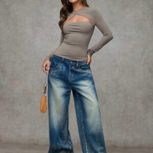 SHEIN BAE T-shirt casual près du corps à manches longues et effet ajouré de couleur unie pour femme, automne