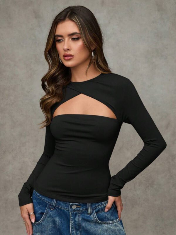 SHEIN BAE T-shirt casual près du corps à manches longues et effet ajouré de couleur unie pour femme, automne – Image 10