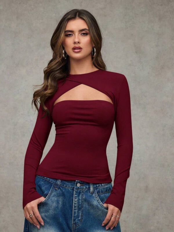 SHEIN BAE T-shirt casual près du corps à manches longues et effet ajouré de couleur unie pour femme, automne – Image 19