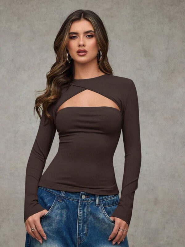SHEIN BAE T-shirt casual près du corps à manches longues et effet ajouré de couleur unie pour femme, automne – Image 25