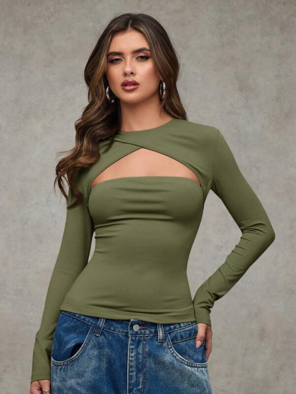 SHEIN BAE T-shirt casual près du corps à manches longues et effet ajouré de couleur unie pour femme, automne – Image 32