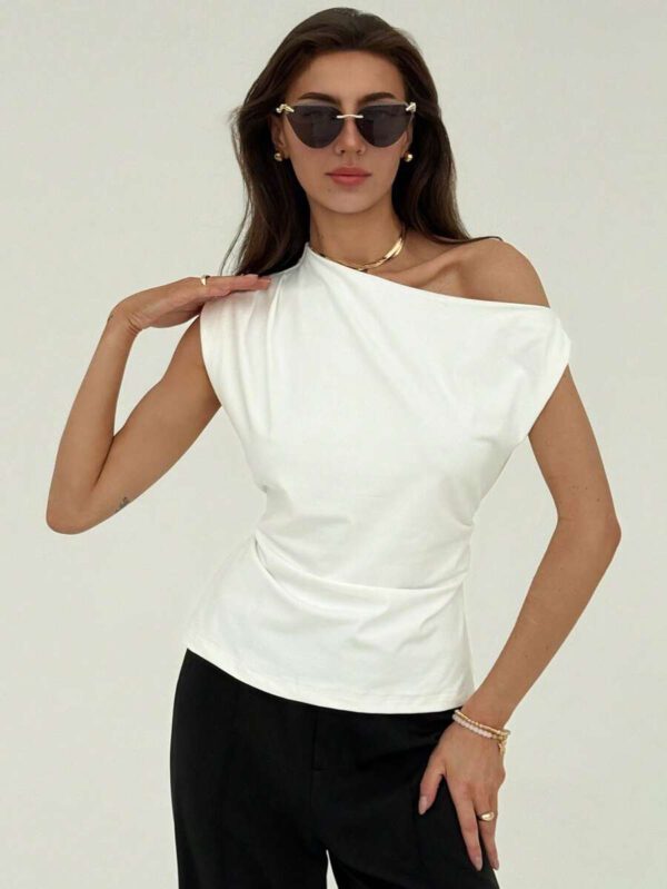 Aloruh Nouveau t-shirt blanc unicolore à manches courtes, col rond, taille nouée, froncé, à épaules dégagées et obliques, style simple – Image 3