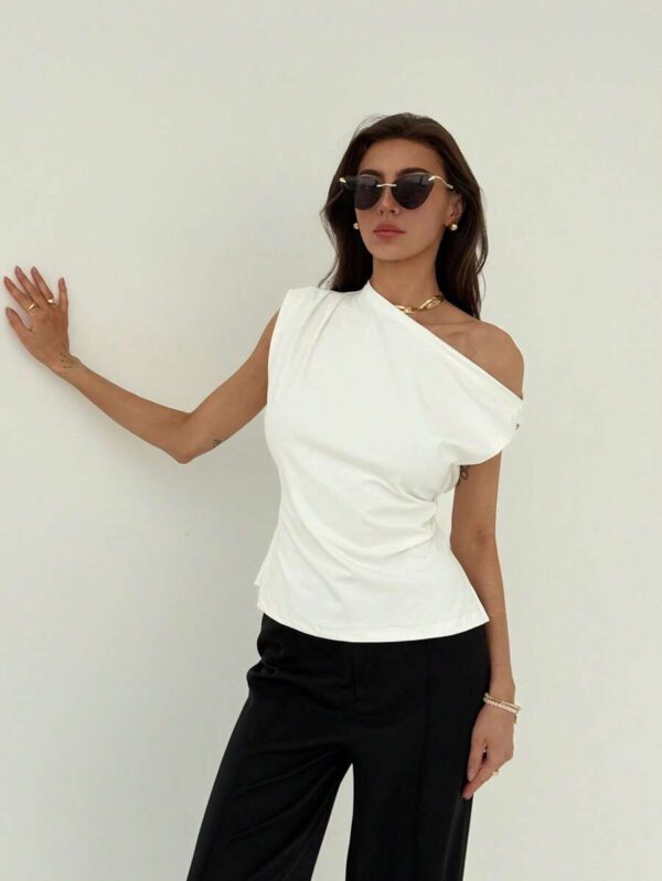 Aloruh Nouveau t-shirt blanc unicolore à manches courtes, col rond, taille nouée, froncé, à épaules dégagées et obliques, style simple – Image 5