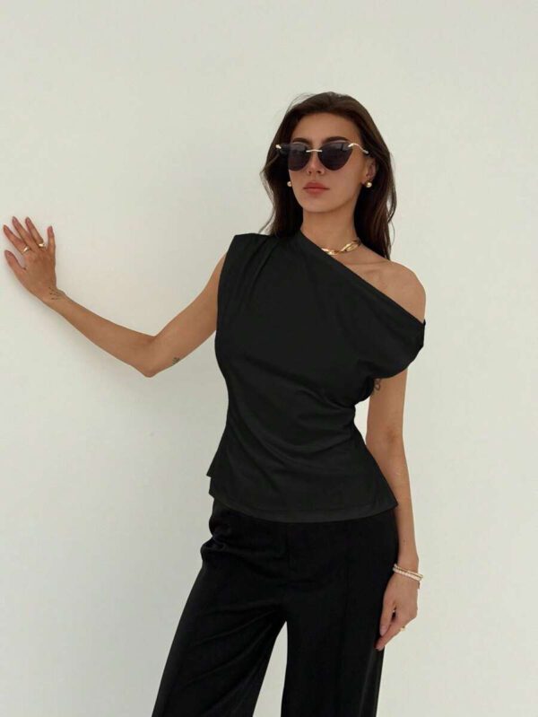 Aloruh Nouveau t-shirt blanc unicolore à manches courtes, col rond, taille nouée, froncé, à épaules dégagées et obliques, style simple – Image 12