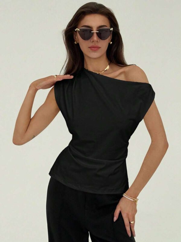 Aloruh Nouveau t-shirt blanc unicolore à manches courtes, col rond, taille nouée, froncé, à épaules dégagées et obliques, style simple – Image 13
