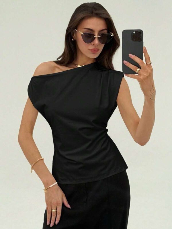 Aloruh Nouveau t-shirt blanc unicolore à manches courtes, col rond, taille nouée, froncé, à épaules dégagées et obliques, style simple – Image 14