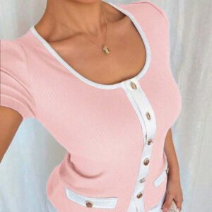 Islaluna T-shirt ajusté à manches courtes pour femmes, minimaliste, côtelé, monochrome