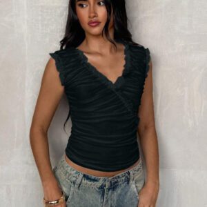 Glamine T-shirt casual blanc moulant à volants et maille unicolore pour femmes