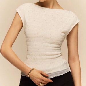 Poéselle Chemise T à dos nu, couleur unie, texturée, avec paillettes et maille, dos ouvert, élégante pour femmes