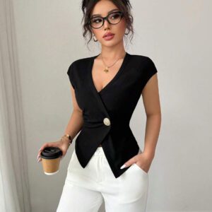 Elenzga Chemise femme de style français à une seule boutonnière, col V asymétrique croisé, taille cintrée