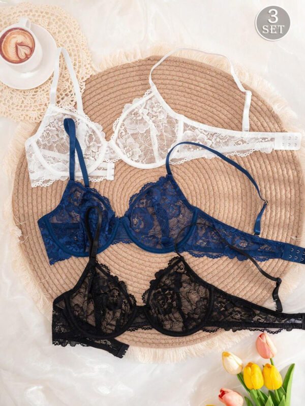3pcs Women Solid Color Lace Thin Cup Underwire Comfortable Lingerie Bras – Image 2