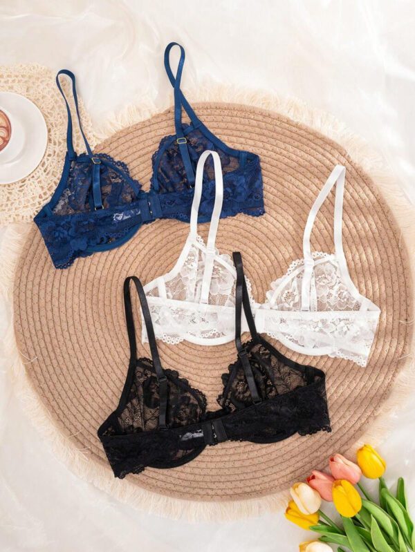 3pcs Women Solid Color Lace Thin Cup Underwire Comfortable Lingerie Bras – Image 3