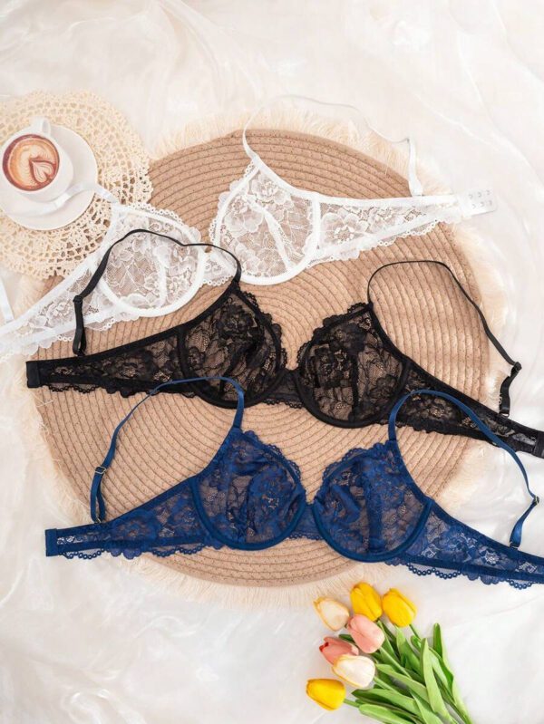 3pcs Women Solid Color Lace Thin Cup Underwire Comfortable Lingerie Bras – Image 4