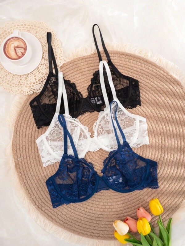 3pcs Women Solid Color Lace Thin Cup Underwire Comfortable Lingerie Bras – Image 5