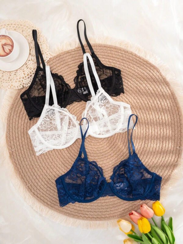 3pcs Women Solid Color Lace Thin Cup Underwire Comfortable Lingerie Bras – Image 6