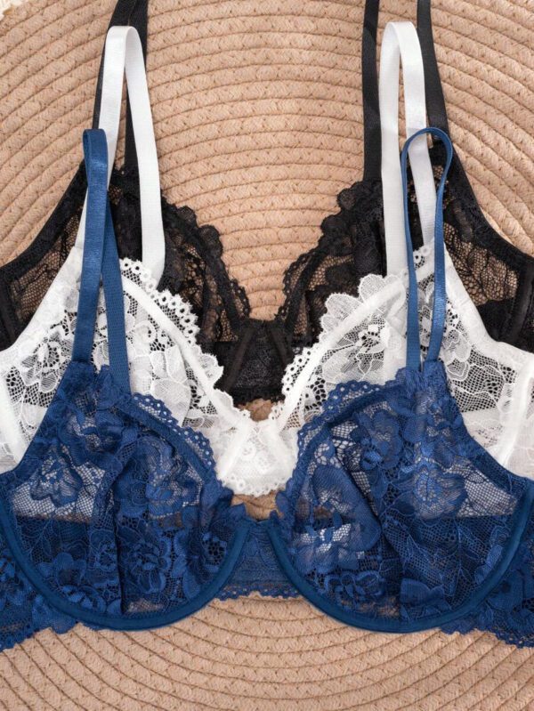 3pcs Women Solid Color Lace Thin Cup Underwire Comfortable Lingerie Bras – Image 7