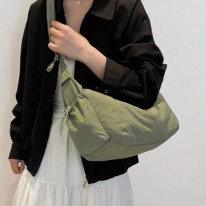 1pc Nylon Fabric Multi-Pocket Dumpling Crossbody Bag, Women Casual Pleated Drawstring Shoulder Bag, Slouchy Bohemian Hobo Bag