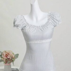 Sweetra Tee-shirt à col rond et manches courtes à volants avec imprimé pois pour femmes en été