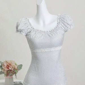 Sweetra Tee-shirt à col rond et manches courtes à volants avec imprimé pois pour femmes en été