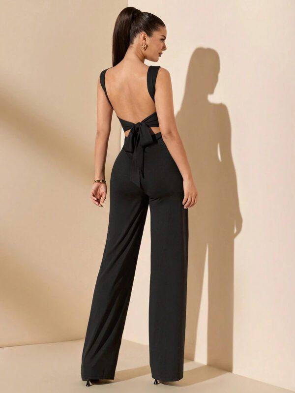 SHEIN BAE Jumpsuit élégant et sexy dos nu avec bretelles à nœud, sans manches, jambe extra-large. Polyvalent pour les sorties décontractées, les rendez-vous, les fêtes et les rassemblements - Jumpsuit asymétrique à jambe large, Jumpsuit pour la Saint-Valentin, Jumpsuit de tous les jours, Jumpsuit élégant – Image 5