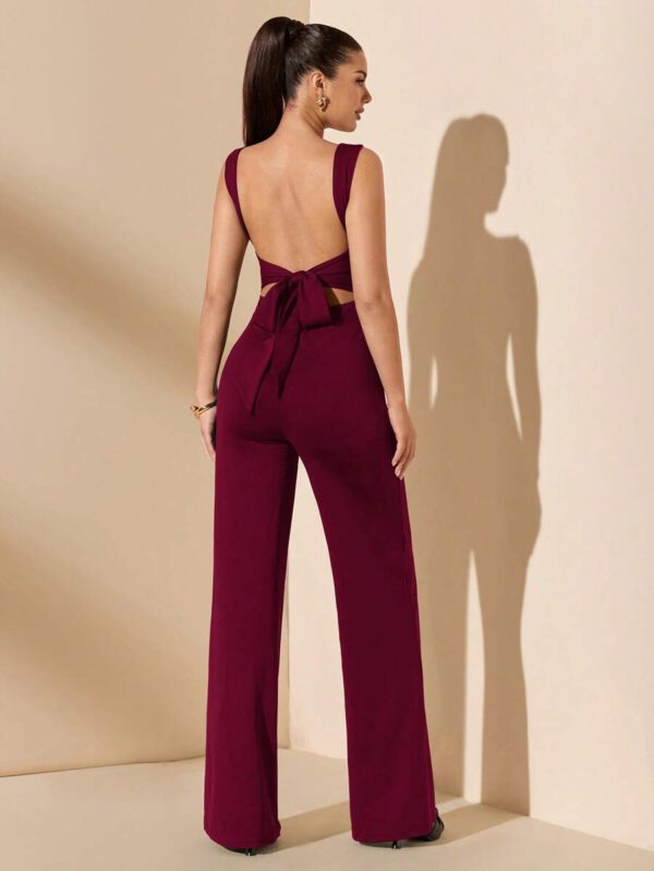 SHEIN BAE Jumpsuit élégant et sexy dos nu avec bretelles à nœud, sans manches, jambe extra-large. Polyvalent pour les sorties décontractées, les rendez-vous, les fêtes et les rassemblements - Jumpsuit asymétrique à jambe large, Jumpsuit pour la Saint-Valentin, Jumpsuit de tous les jours, Jumpsuit élégant – Image 9
